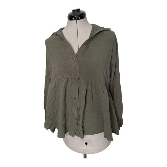 Linen Button Down Babydoll Tunic Top by Umgee CollectionOlive army green Medium - Picture 1 of 7